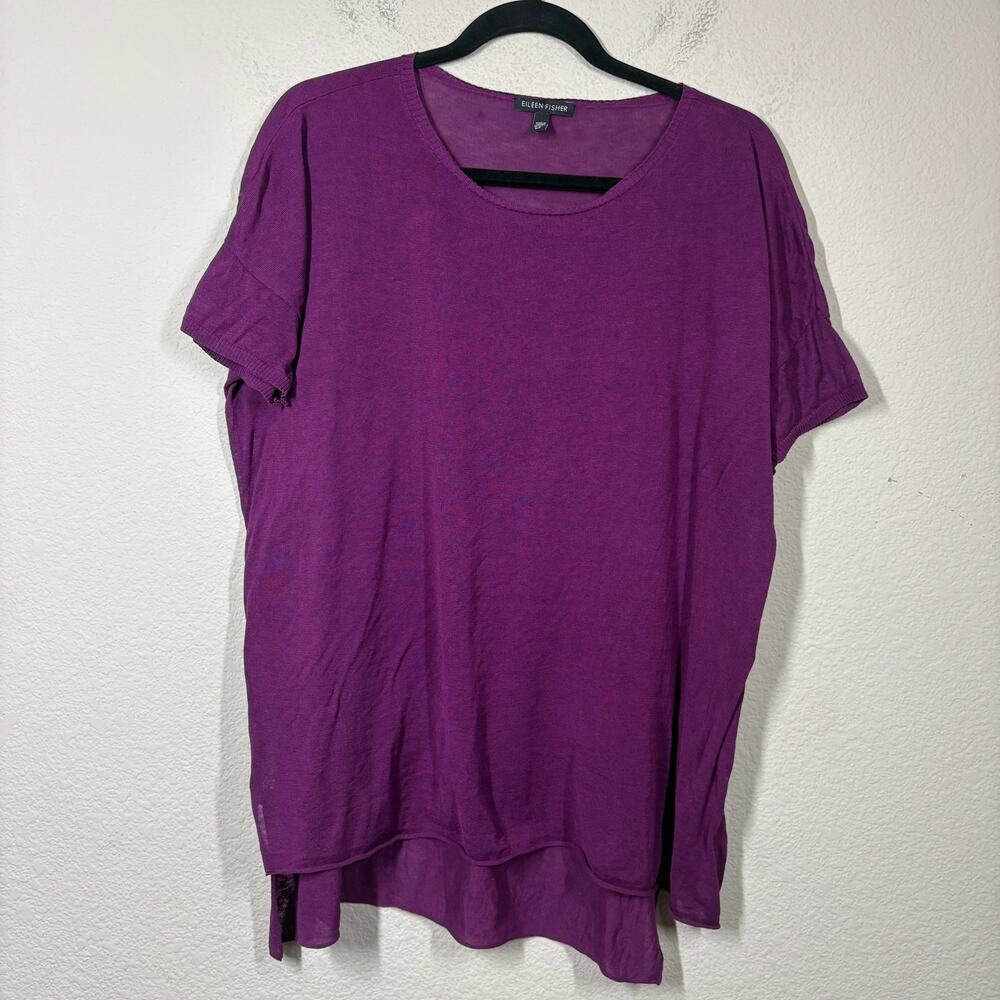 Eileen Fisher Small High Low Top Blouse Purple Silk Linen Short Sleeves